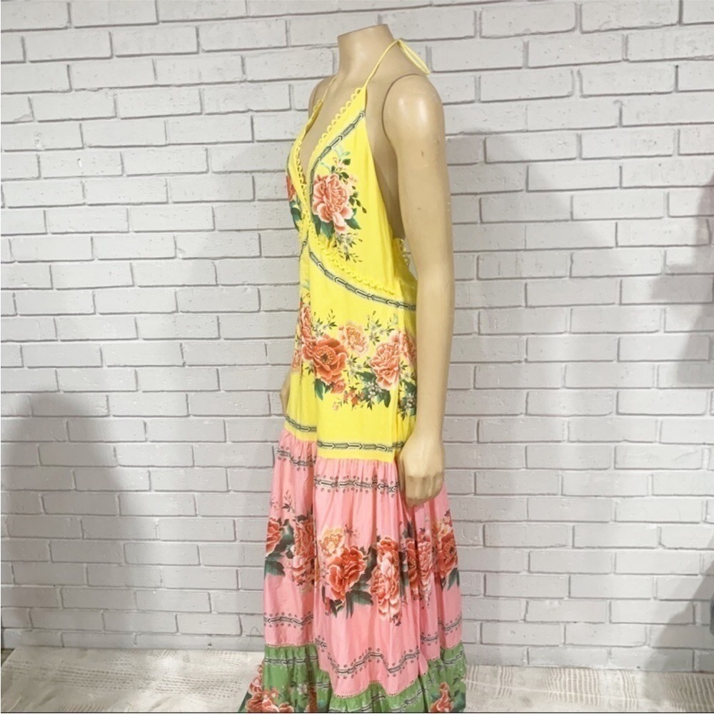 Farm Rio Floral Halter Maxi Dress Open Back Boho Spring Wedding Guest  | Large - Picture 5 of 6